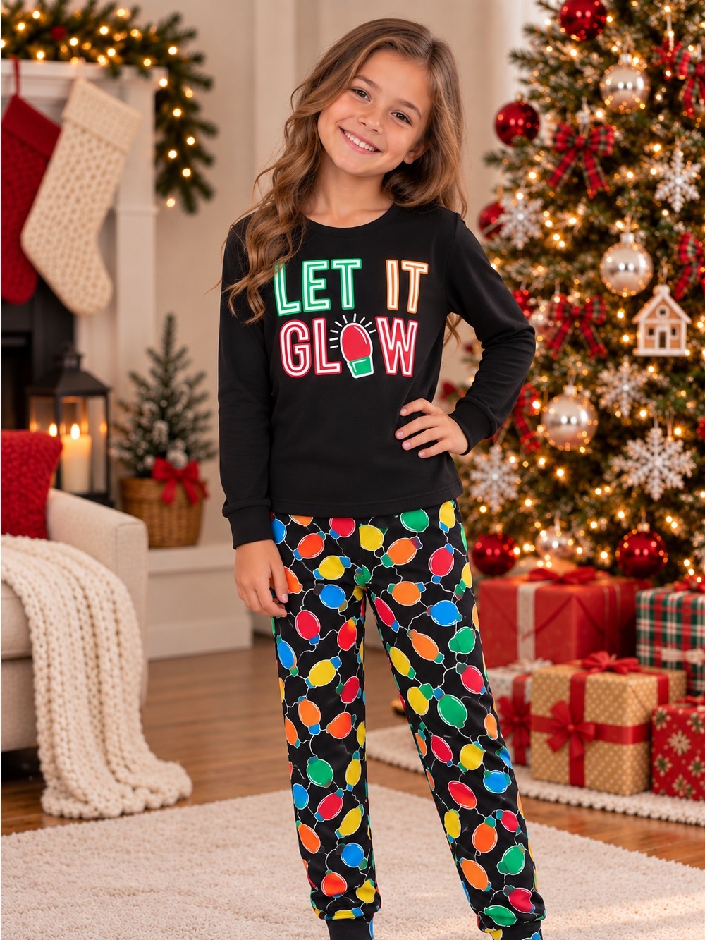 PJ Place Let It Glow Pyjama Set | Youth Size 10 | Cotton Holiday PJs | Unisex